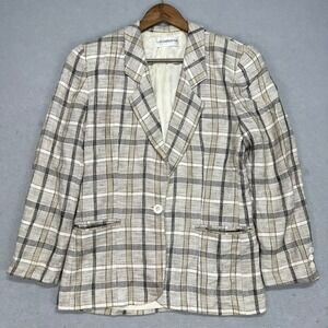Vintage Liz Claiborne Plaid‎ Silk Blend Tweed Blazer Jacket Womens 8 One Button